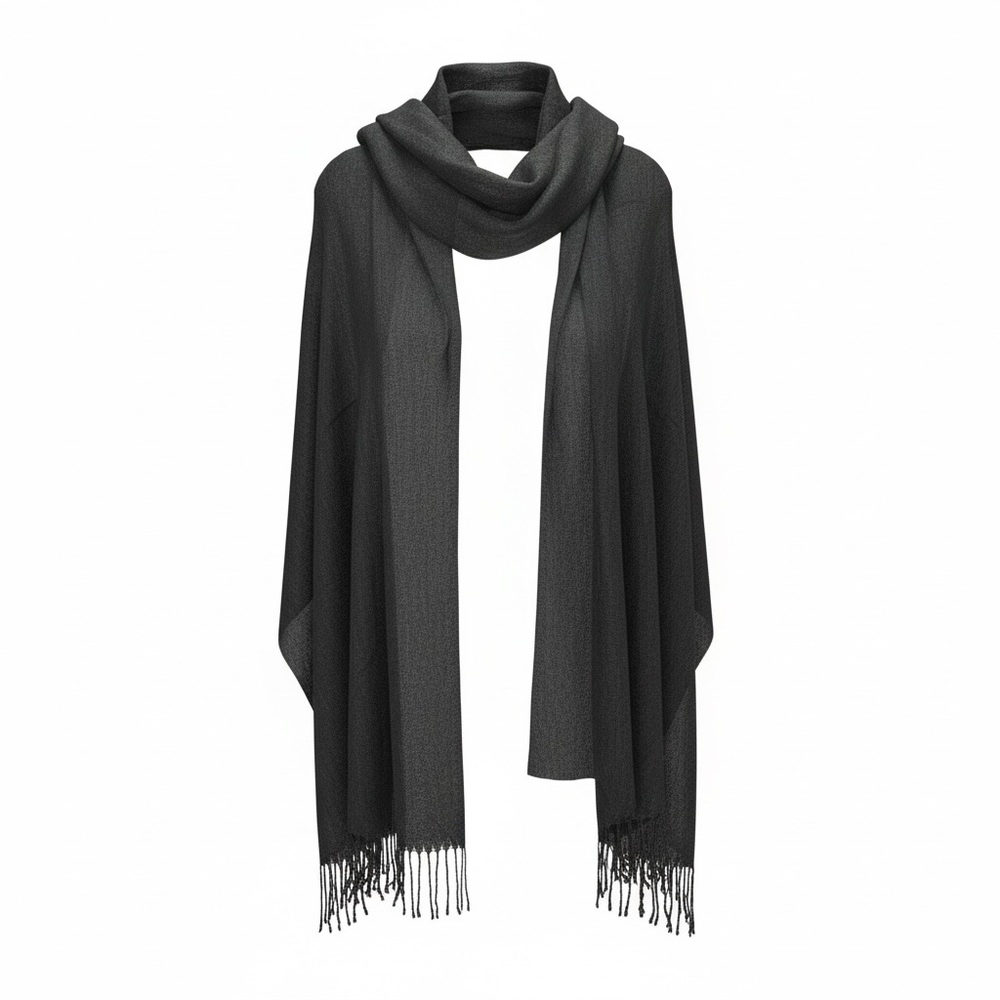 Pashmina and Silk Black Fringe Wrap Scarf